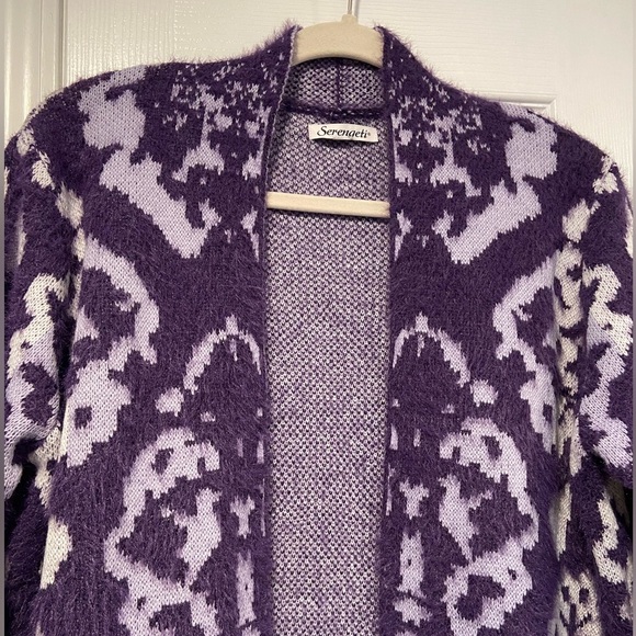 NWOT Serengeti Size L Purple White Fuzzy Oversized Open Front Knit Long Cardigan - Picture 5 of 10
